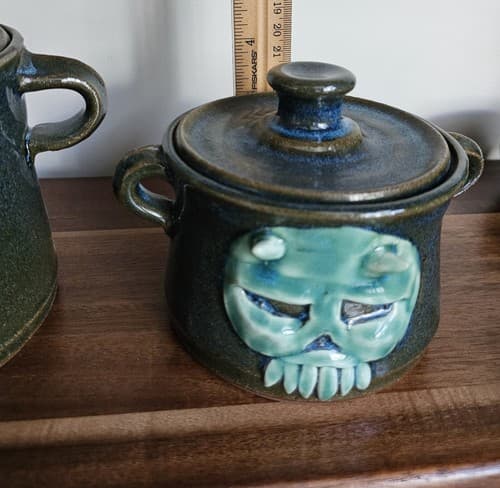 Scull Handmade Pottery 3 Canisters Green Jar Storage Unique - Thumbnail 12