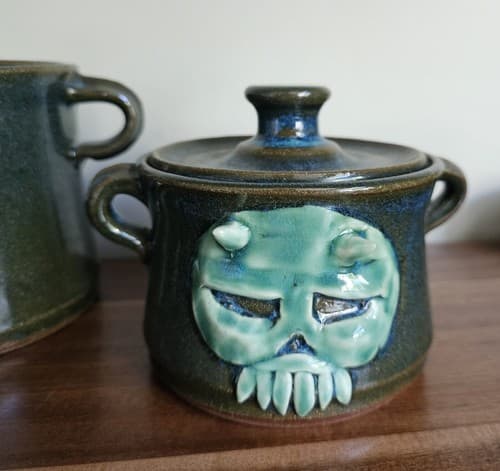 Scull Handmade Pottery 3 Canisters Green Jar Storage Unique - Thumbnail 3