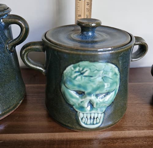 Scull Handmade Pottery 3 Canisters Green Jar Storage Unique - Thumbnail 11