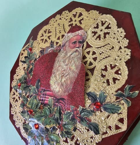 Vintage Decorative Christmas Box Octagon Santa - Thumbnail 10