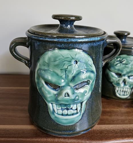 Scull Handmade Pottery 3 Canisters Green Jar Storage Unique - Thumbnail 2
