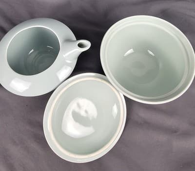 Homer Laughlin Celadon Green Ceramic Creamer And Sugar Finial Handle 1950s - Thumbnail 4