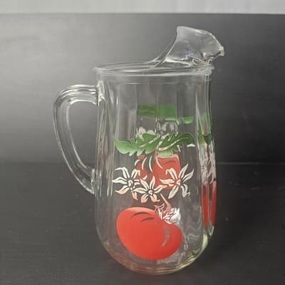 Vtg Anchor Hocking 50’s Clear Glassware Juice Pitcher W/Tomato Design 8"Tall - Thumbnail 2