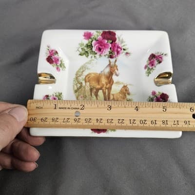 Porcelain Ashtray Horse & Foal Roses Gold Trim Vintage Decorative Equestrain - Thumbnail 6