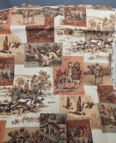 Vintage Material Heavy Fabric Hunting W Dogs Horses Pointers Deer Elk 35"x66" - Thumbnail 3