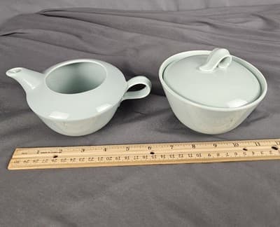 Homer Laughlin Celadon Green Ceramic Creamer And Sugar Finial Handle 1950s - Thumbnail 8