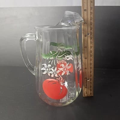 Vtg Anchor Hocking 50’s Clear Glassware Juice Pitcher W/Tomato Design 8"Tall - Thumbnail 7