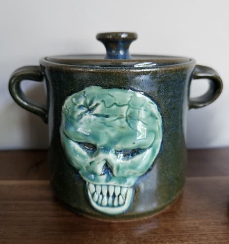 Scull Handmade Pottery 3 Canisters Green Jar Storage Unique - Thumbnail 4