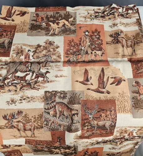 Vintage Material Heavy Fabric Hunting W Dogs Horses Pointers Deer Elk 35"x66" - Thumbnail 2