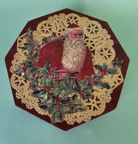 Vintage Decorative Christmas Box Octagon Santa - Thumbnail 2