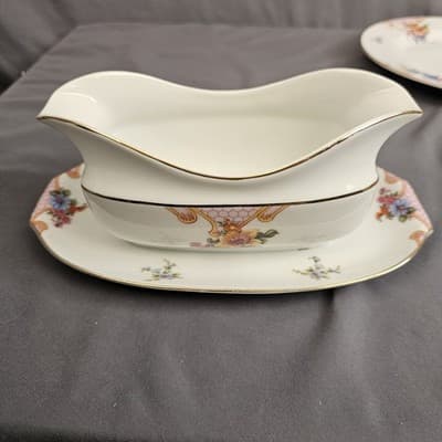EPIAG Czechoslovakia Bridal Rose (White) 1930s Gravy Boat with Attached Plate - Thumbnail 2