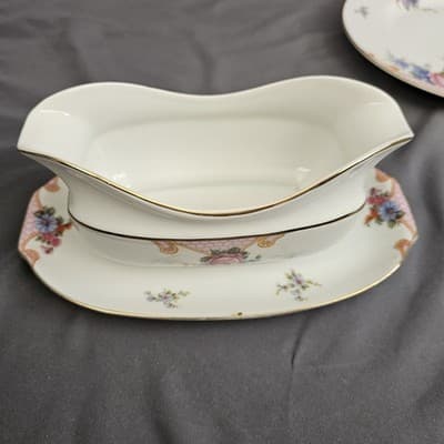 EPIAG Czechoslovakia Bridal Rose (White) 1930s Gravy Boat with Attached Plate - Thumbnail 4