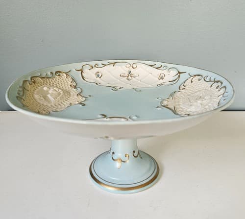 Vintage Pedestal Tidbit Tray Unknown Manufacturer Raised Art w Gold - Thumbnail 5