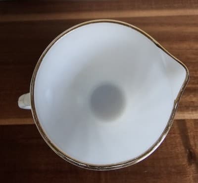 Anchor Hocking Coffee Creamer Swirled Milk Glass Gold Trim Made in USA - Thumbnail 3