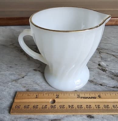 Anchor Hocking Coffee Creamer Swirled Milk Glass Gold Trim Made in USA - Thumbnail 7