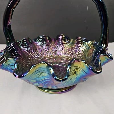 Fenton Purple Iridescent Carnival Glass Handled Round Decorative Basket - Thumbnail 5