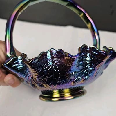 Fenton Purple Iridescent Carnival Glass Handled Round Decorative Basket - Thumbnail 11