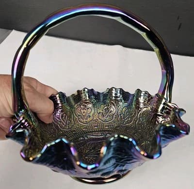 Fenton Purple Iridescent Carnival Glass Handled Round Decorative Basket - Thumbnail 12