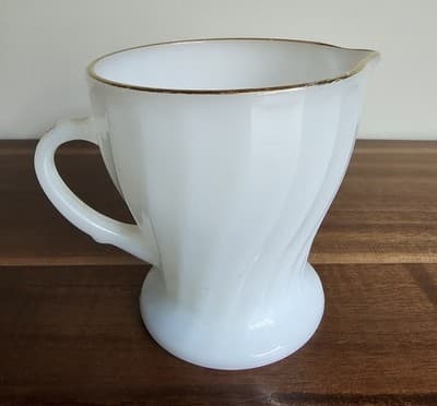 Anchor Hocking Coffee Creamer Swirled Milk Glass Gold Trim Made in USA - Thumbnail 2