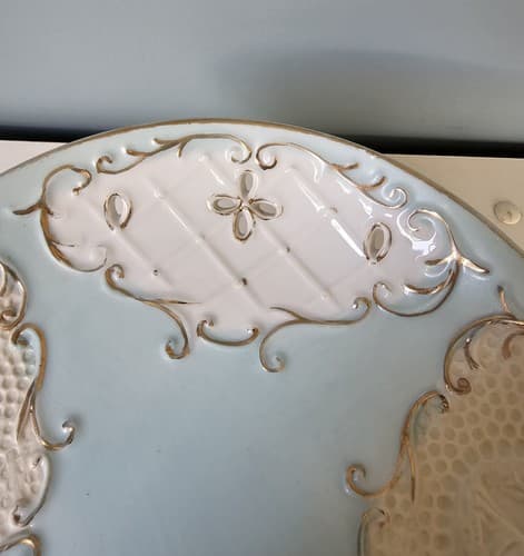 Vintage Pedestal Tidbit Tray Unknown Manufacturer Raised Art w Gold - Thumbnail 3