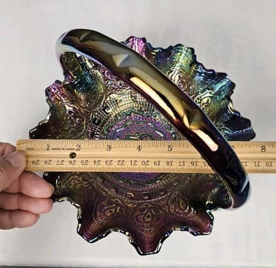 Fenton Purple Iridescent Carnival Glass Handled Round Decorative Basket - Thumbnail 16