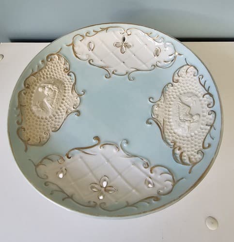 Vintage Pedestal Tidbit Tray Unknown Manufacturer Raised Art w Gold - Thumbnail 2