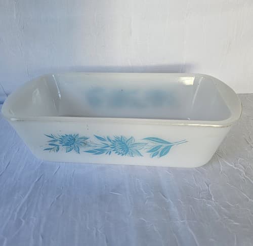 Vintage Glasbake Bread Loaf Pan Blue Floral 1 & 1/2 Qt White Glass - Thumbnail 2