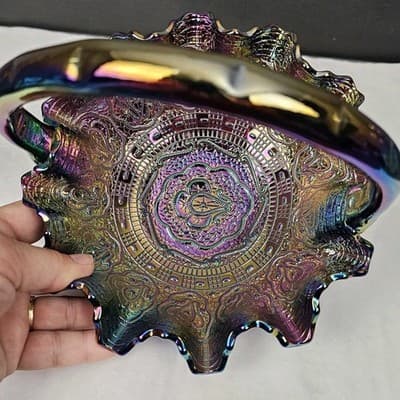 Fenton Purple Iridescent Carnival Glass Handled Round Decorative Basket - Thumbnail 6