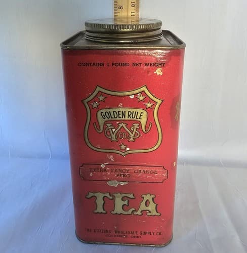 Vintage Golden Rule Tea Tin CWS Co. Red Paint 1Lb Container FREE Shipping - Thumbnail 10