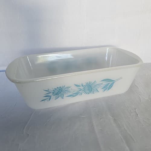 Vintage Glasbake Bread Loaf Pan Blue Floral 1 & 1/2 Qt White Glass - Thumbnail 3