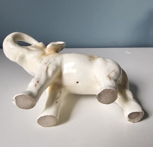 Vtg Standing White Elephant Brown Painted Trunk Up Ceramic Figurine FREE Ship - Thumbnail 5