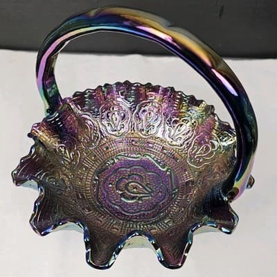 Fenton Purple Iridescent Carnival Glass Handled Round Decorative Basket - Thumbnail 3