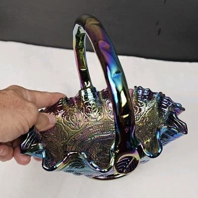 Fenton Purple Iridescent Carnival Glass Handled Round Decorative Basket - Thumbnail 10