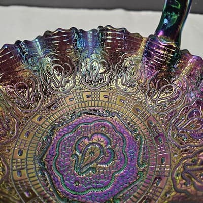 Fenton Purple Iridescent Carnival Glass Handled Round Decorative Basket - Thumbnail 13