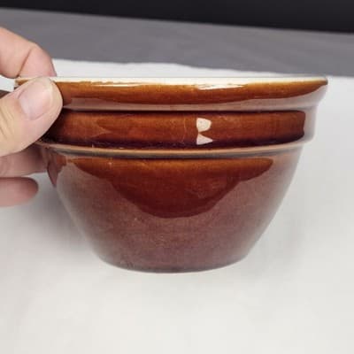 Vintage Hall Bowl 1093 Brown & White Stackable Excellent USA 6" Diameter - Thumbnail 4