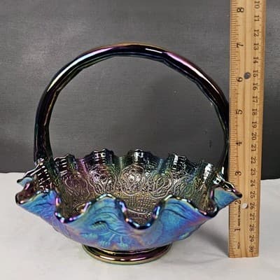 Fenton Purple Iridescent Carnival Glass Handled Round Decorative Basket - Thumbnail 15