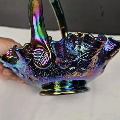 Fenton Purple Iridescent Carnival Glass Handled Round Decorative Basket - Thumbnail 9