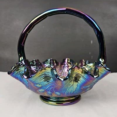 Fenton Purple Iridescent Carnival Glass Handled Round Decorative Basket - Thumbnail 4