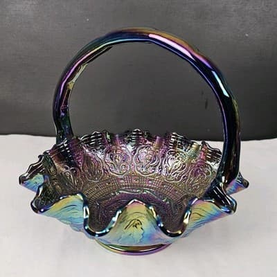 Fenton Purple Iridescent Carnival Glass Handled Round Decorative Basket - Thumbnail 2