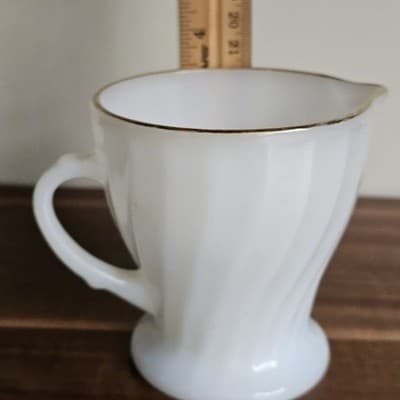 Anchor Hocking Coffee Creamer Swirled Milk Glass Gold Trim Made in USA - Thumbnail 6