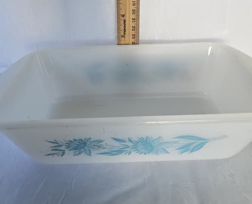 Vintage Glasbake Bread Loaf Pan Blue Floral 1 & 1/2 Qt White Glass - Thumbnail 7