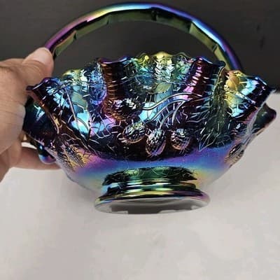 Fenton Purple Iridescent Carnival Glass Handled Round Decorative Basket - Thumbnail 7