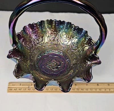 Fenton Purple Iridescent Carnival Glass Handled Round Decorative Basket - Thumbnail 14