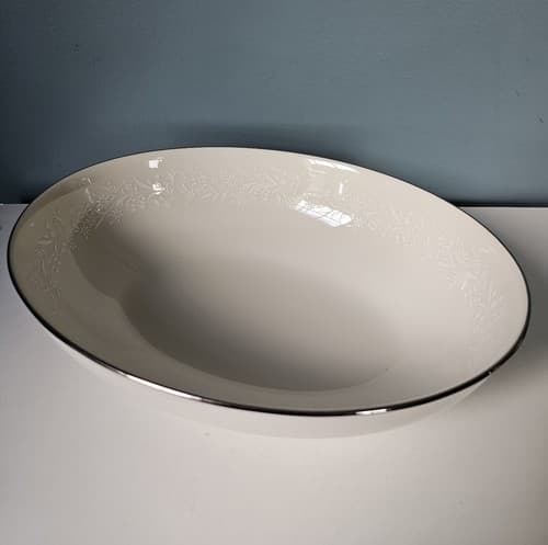 Noritake Lorelie 9" Oval Serving Bowl 7541 Ivory w/White Floral Platinum Trim - Thumbnail 2
