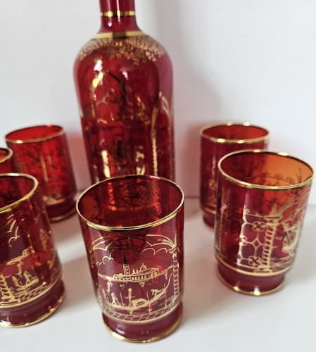 Vtg Decanter 6 Glasses Bohemian Ruby Cranberry Red Gold Overlay W/ Stopper Glass - Thumbnail 4