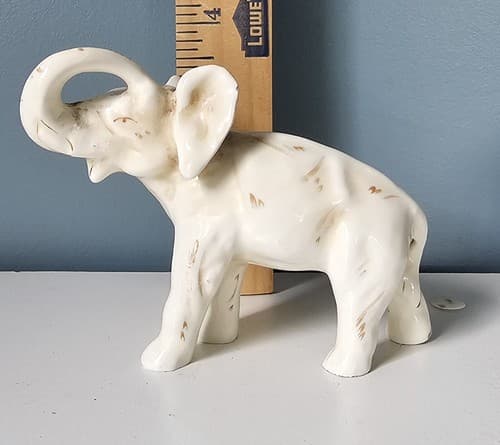 Vtg Standing White Elephant Brown Painted Trunk Up Ceramic Figurine FREE Ship - Thumbnail 7