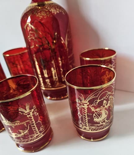 Vtg Decanter 6 Glasses Bohemian Ruby Cranberry Red Gold Overlay W/ Stopper Glass - Thumbnail 5