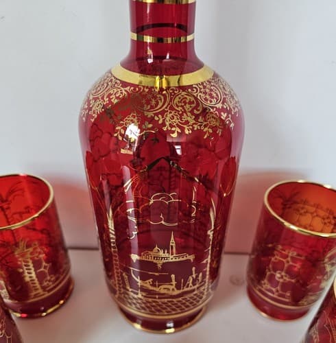 Vtg Decanter 6 Glasses Bohemian Ruby Cranberry Red Gold Overlay W/ Stopper Glass - Thumbnail 7