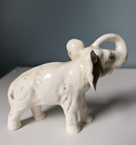 Vtg Standing White Elephant Brown Painted Trunk Up Ceramic Figurine FREE Ship - Thumbnail 2