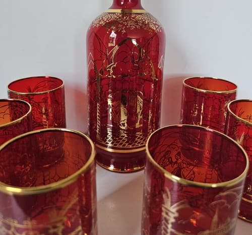 Vtg Decanter 6 Glasses Bohemian Ruby Cranberry Red Gold Overlay W/ Stopper Glass - Thumbnail 2